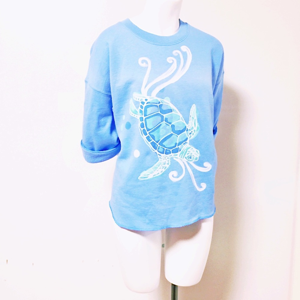 🌊Blue Sea-Turtle Crew Neck Cropped Lg.Sweatshirt - Picture 4 of 8